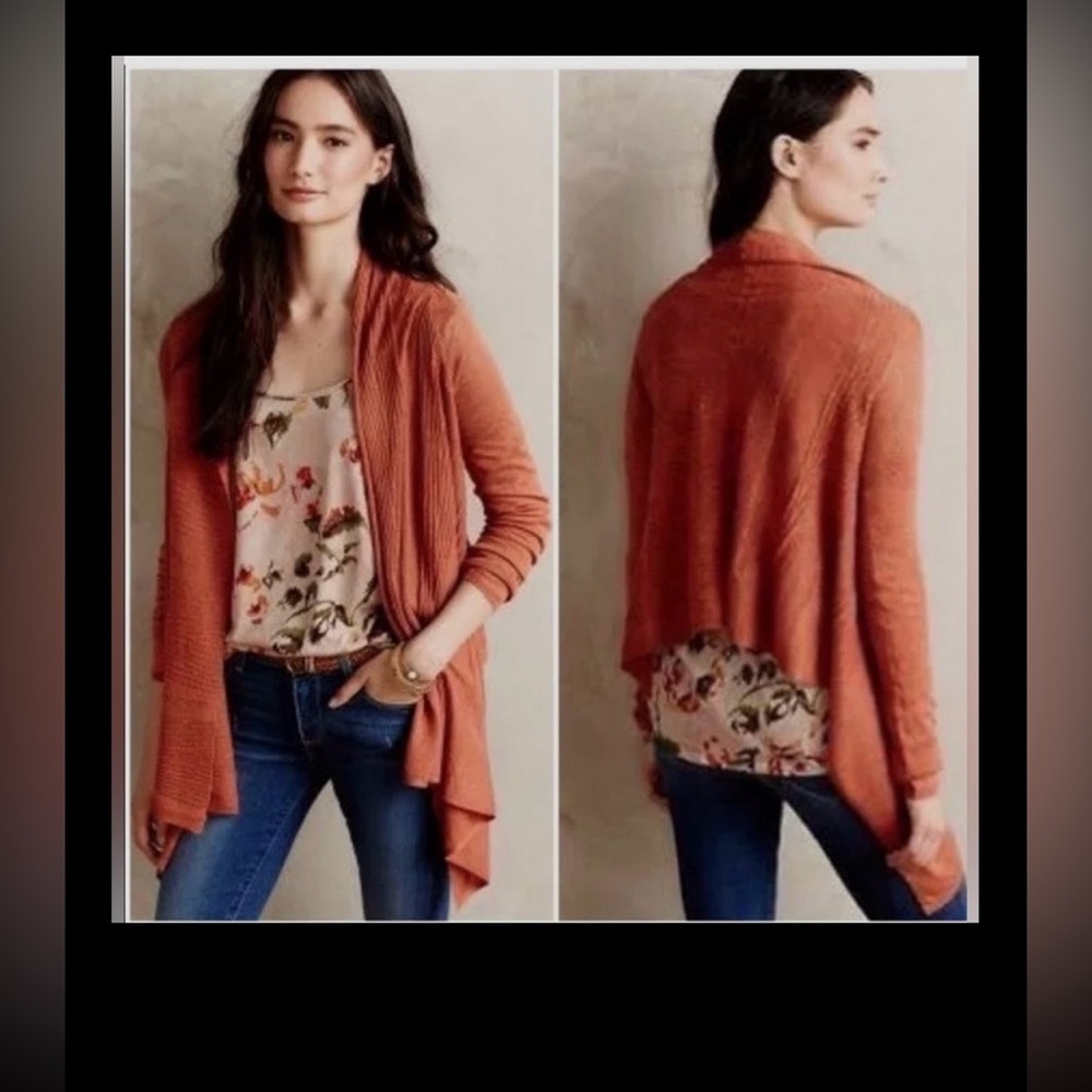 Anthropologie Moth Waterfall Wrap Cardigan Cotton Cashmere High Low Rust Sz. S